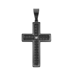 Steel and Black Leather Diamond Cross