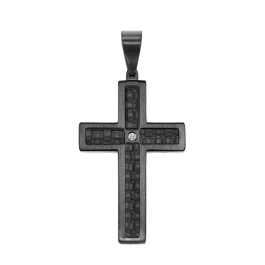 Steel and Black Leather Diamond Cross