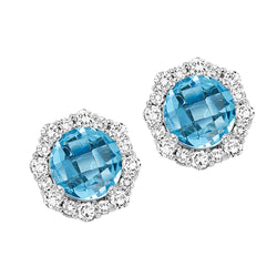 Silver with round Blue Topaz and Diamond Earrings